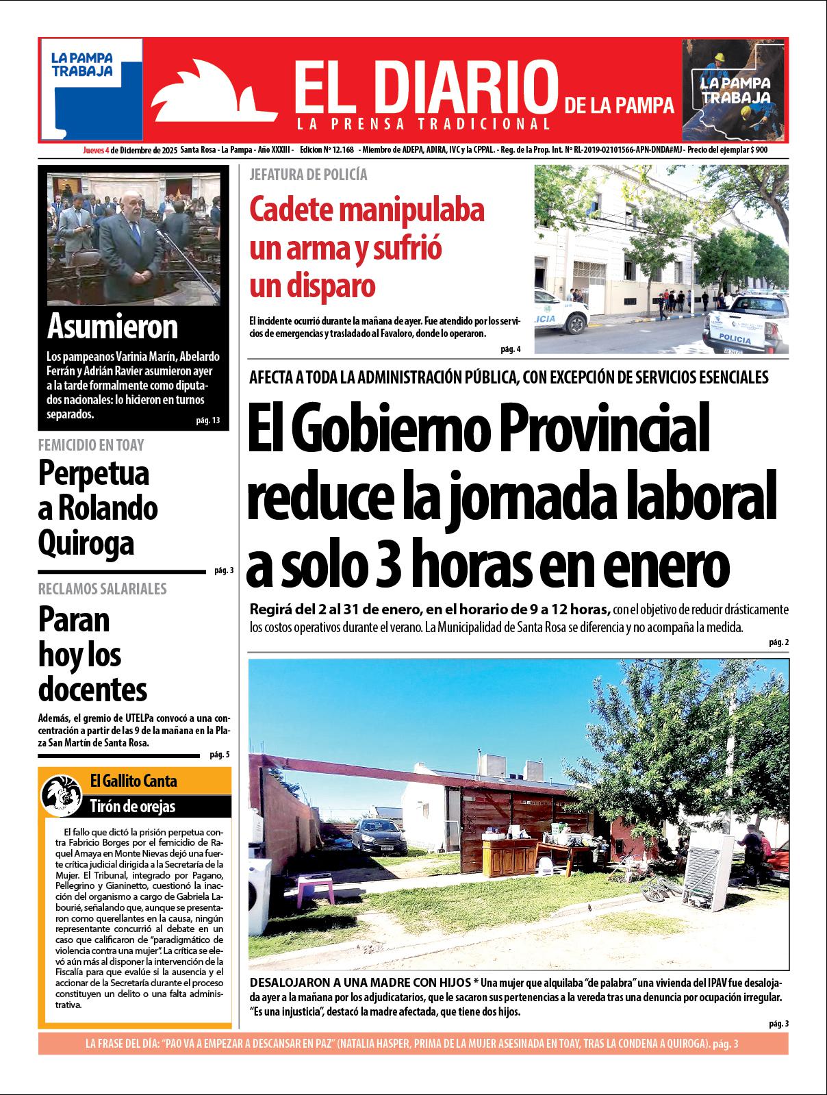 Tapa de El Diario en papel  jueves 04 de diciembre de 2025